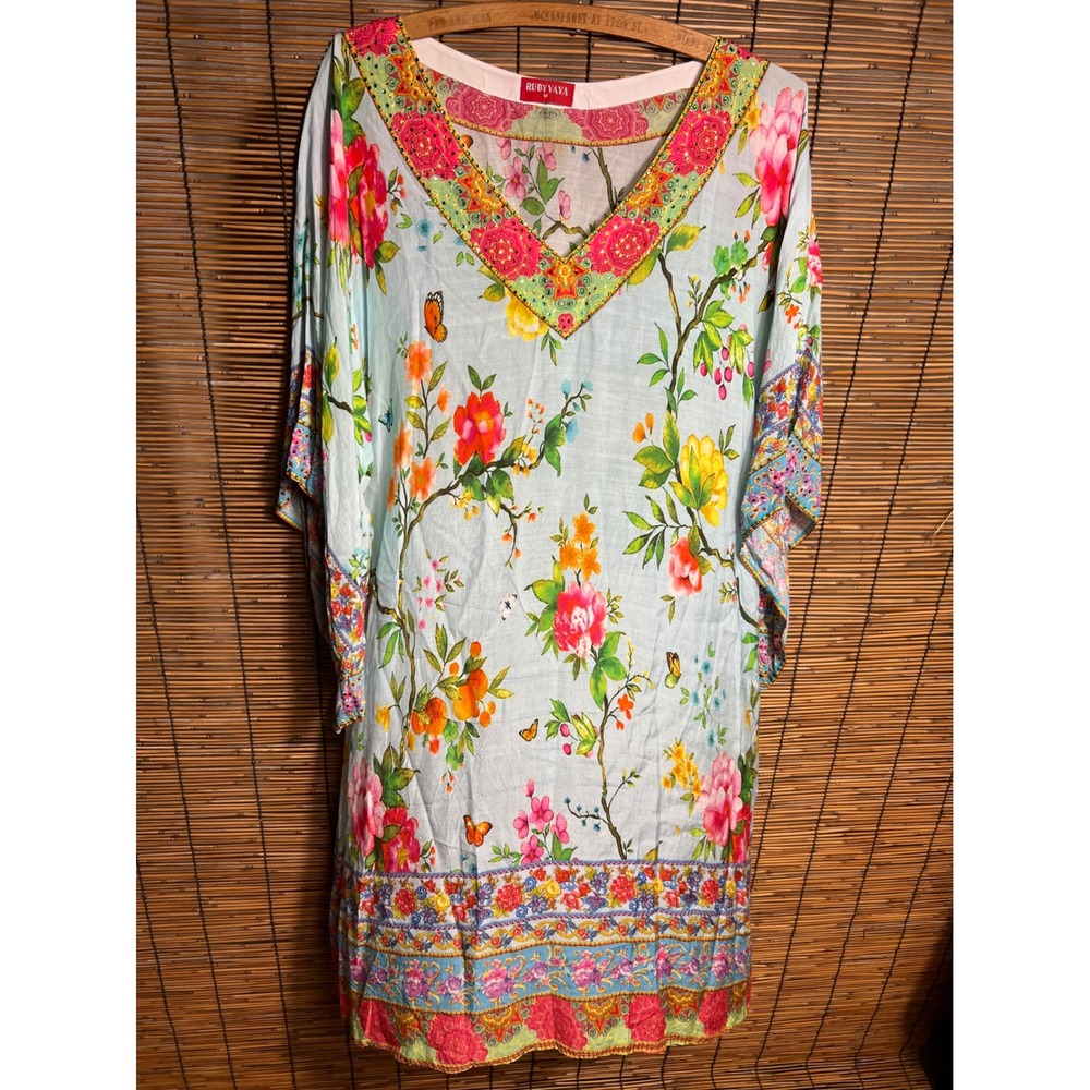 RubyYaya Medium Floral Kaftan Tunic Top Light Blue Embellished Cotton Rhinestone